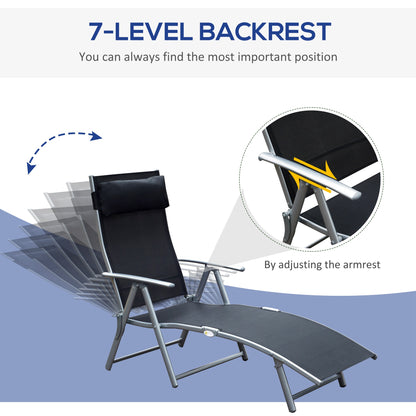 Outsunny Sun Lounger Steel Frame Outdoor Folding Chaise Texteline Lounge Chair Recliner With Headrest & 7 Levels Adjustable Backrest