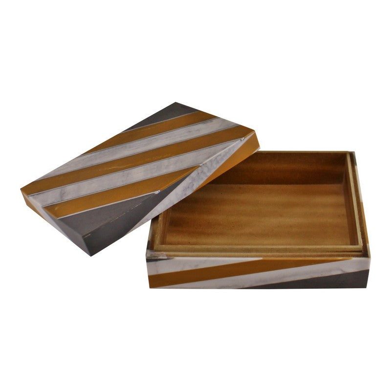 Wood & Resin Jewellery Box Striped 20.5cm - Brown & White