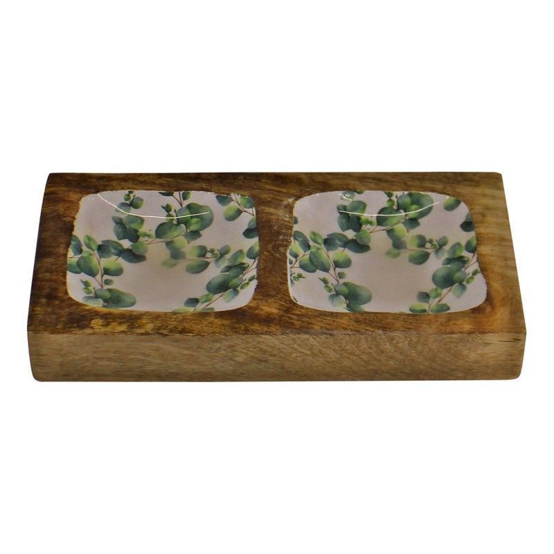 Tray Ceramic & Wood with Eucalyptus Pattern - 20cm