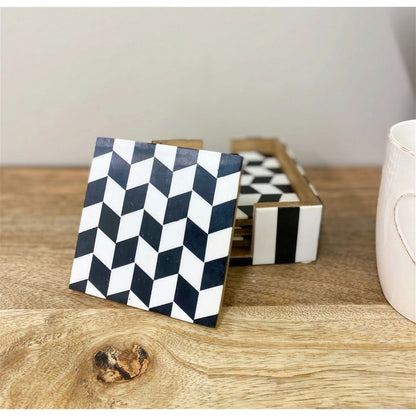 4x Coaster Wood Black & White with Herringbone Pattern - 10cm