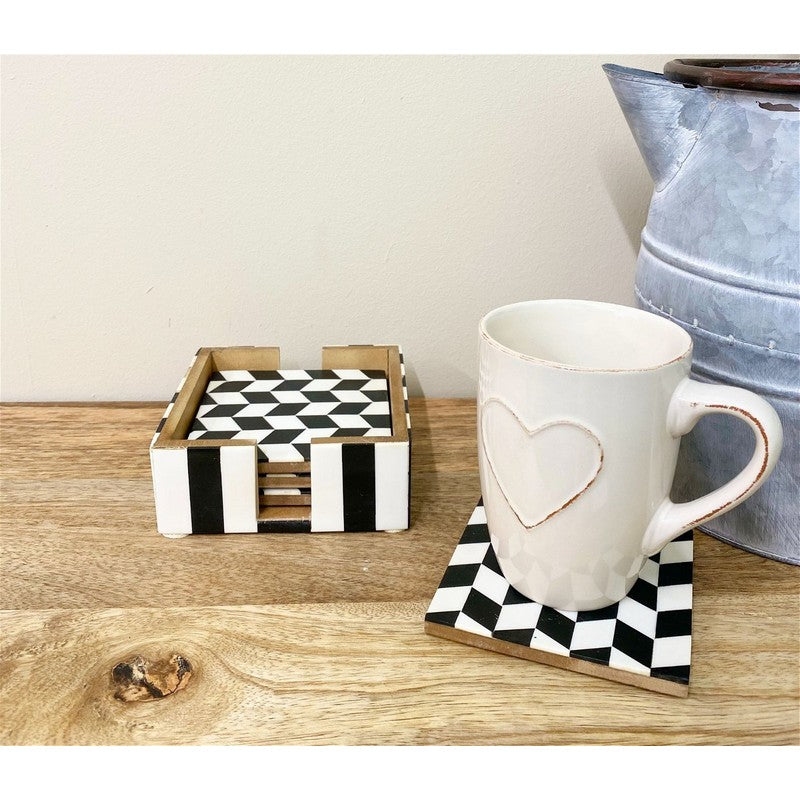 4x Coaster Wood Black & White with Herringbone Pattern - 10cm