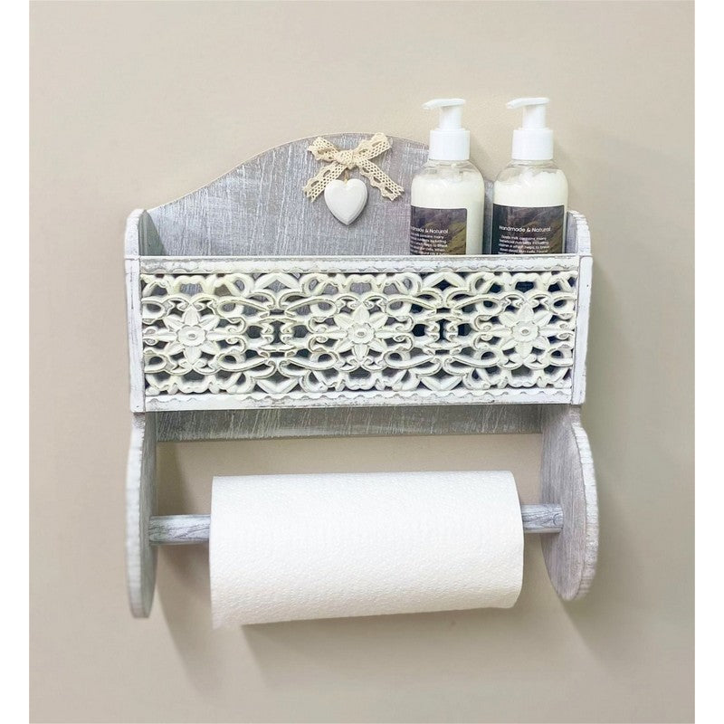 Grey Wooden Kitchen Towel Holder With Cutout Pattern Shelf