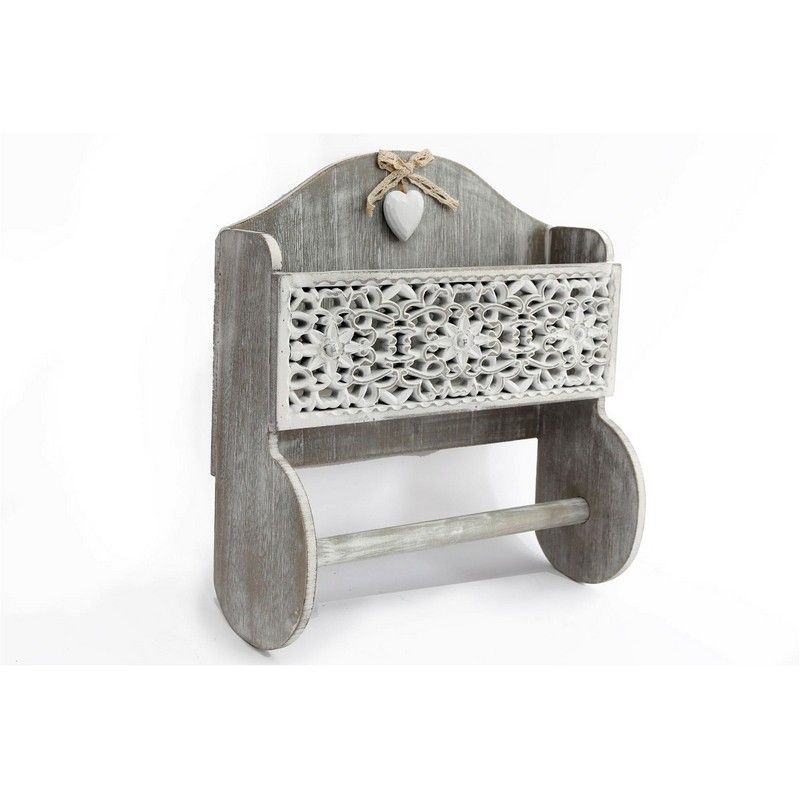 Grey Wooden Kitchen Towel Holder With Cutout Pattern Shelf