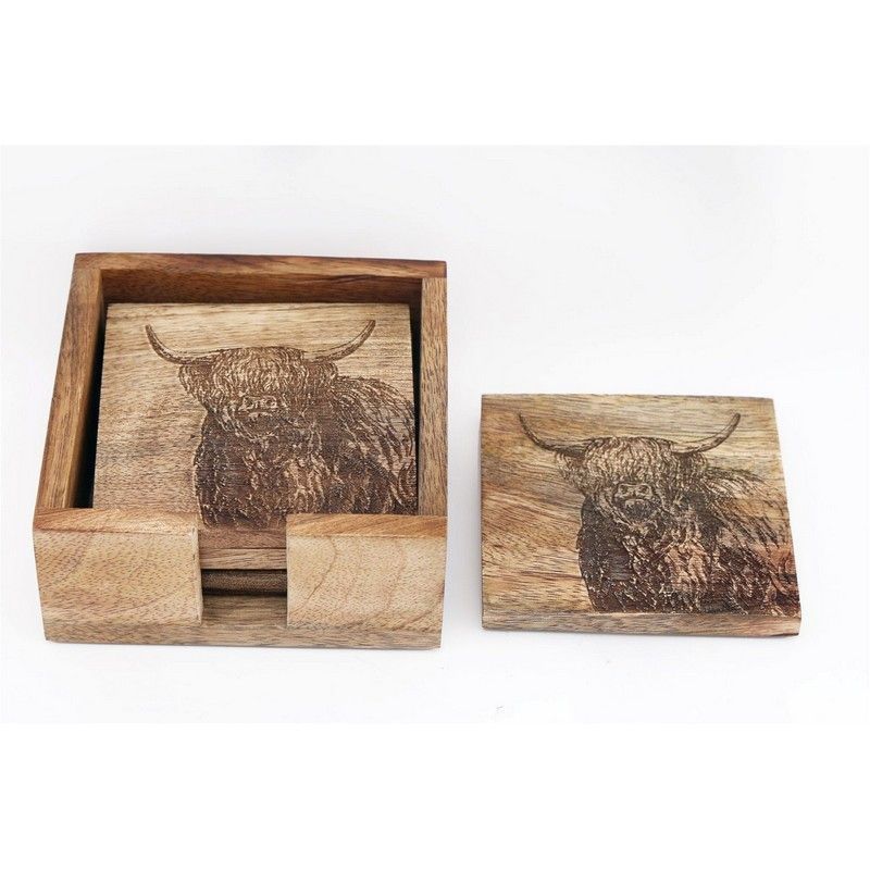 4x Cow Coaster Wood with Engraved Pattern - 10cm