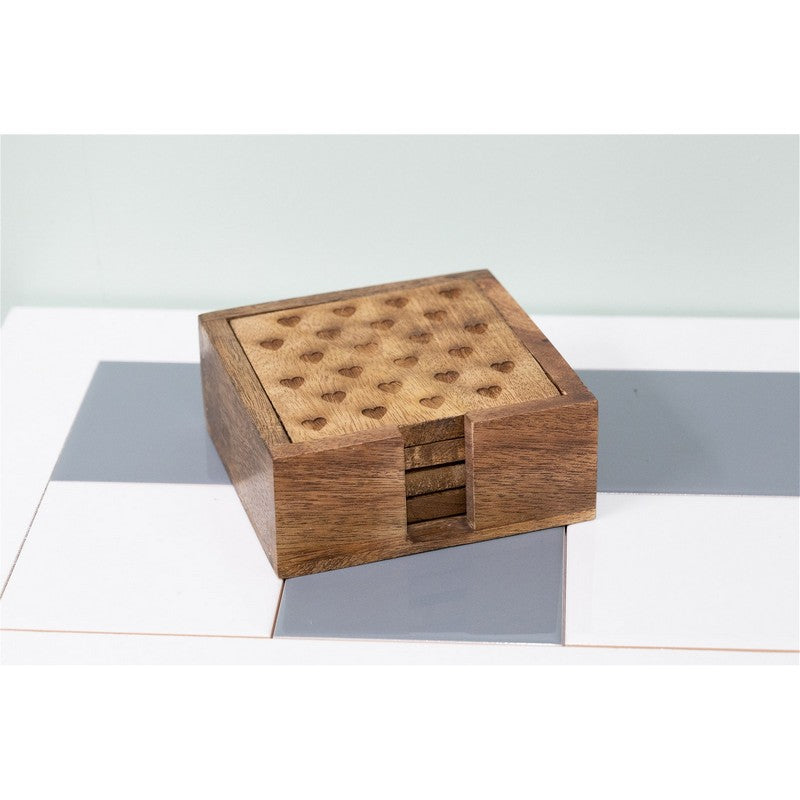 4x Coaster Wood with Heart Pattern - 10cm