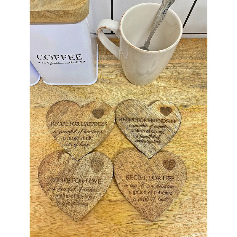 4x Heart Coaster Wood with Slogan Pattern - 10.5cm