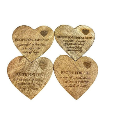 4x Heart Coaster Wood with Slogan Pattern - 10.5cm