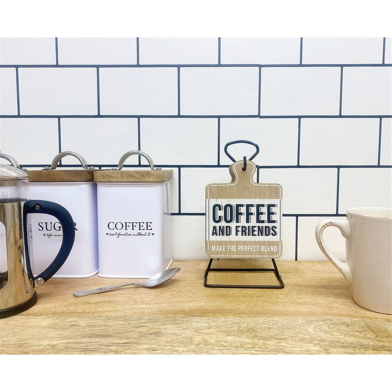 6x Coaster Metal & Wood with Coffee Slogans Pattern - 13cm