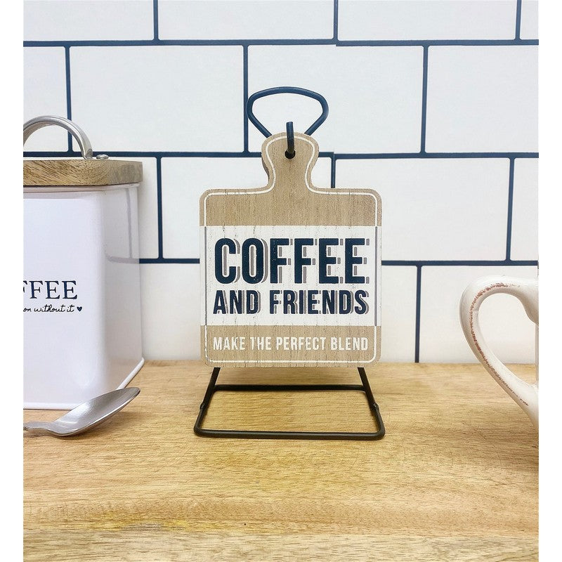 6x Coaster Metal & Wood with Coffee Slogans Pattern - 13cm