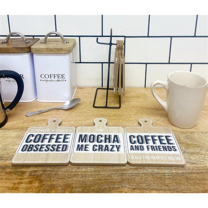 6x Coaster Metal & Wood with Coffee Slogans Pattern - 13cm