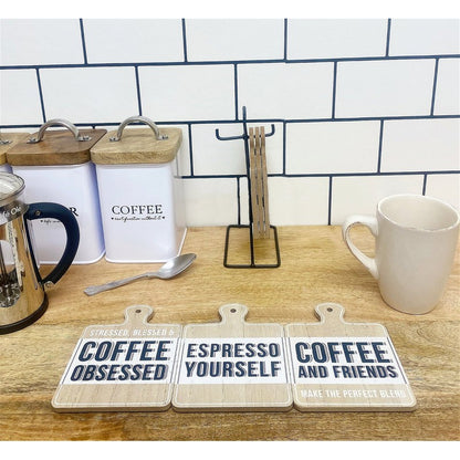 6x Coaster Metal & Wood with Coffee Slogans Pattern - 13cm