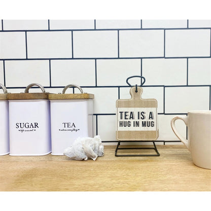 6x Coaster Metal & Wood with Tea Slogans Pattern - 13cm