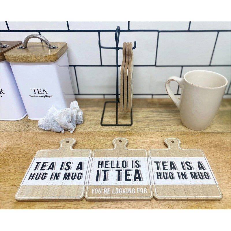 6x Coaster Metal & Wood with Tea Slogans Pattern - 13cm