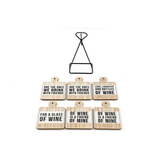 6x Coaster Metal & Wood with Wine Slogans Pattern - 13cm