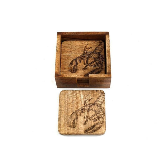 4x Lobster Coaster Wood with Engraved Pattern - 10cm