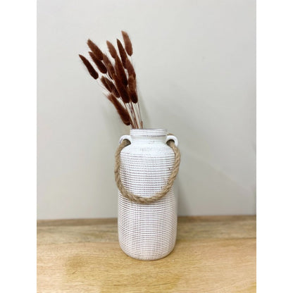 Vase Stoneware White with Ribbed Pattern - 27cm