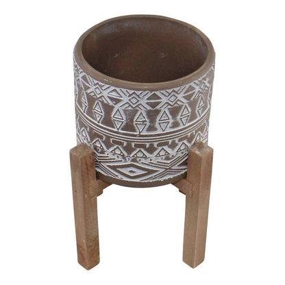 Planter Cement & Wood with Aztec Pattern - 25cm