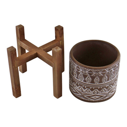 Planter Cement & Wood with Aztec Pattern - 25cm