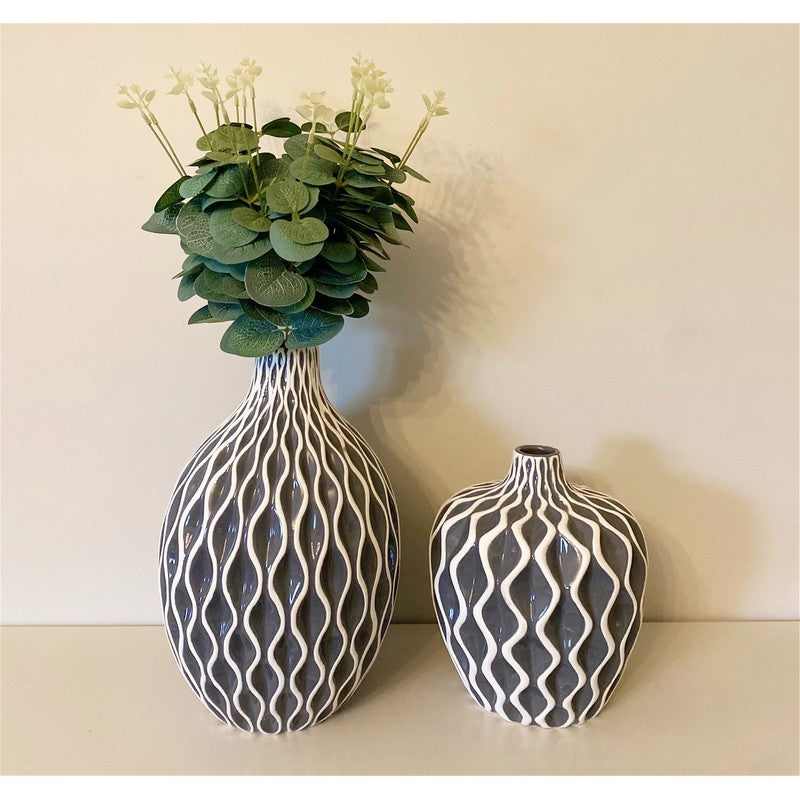 Serenity Vase Ceramic Grey with Ripple Pattern - 27cm