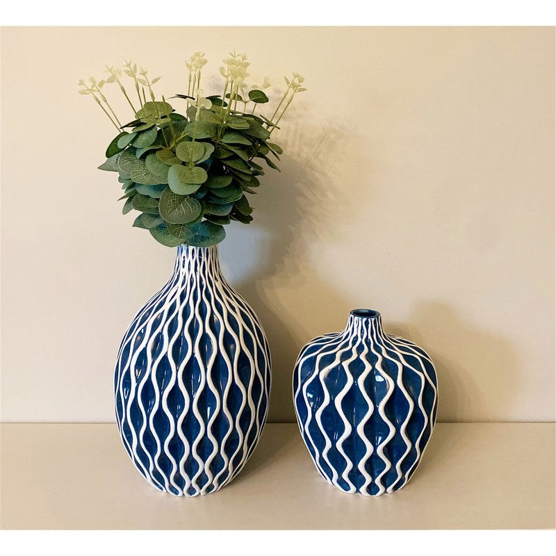 Serenity Vase Ceramic Blue with Ripple Pattern - 20cm