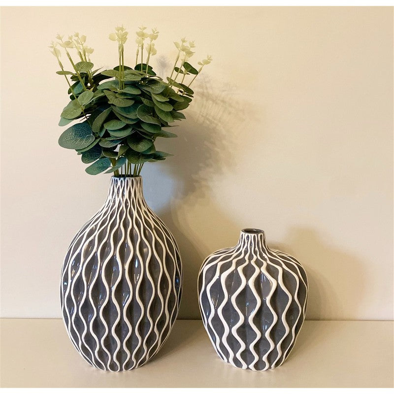 Serenity Vase Ceramic Grey with Ripple Pattern - 20cm