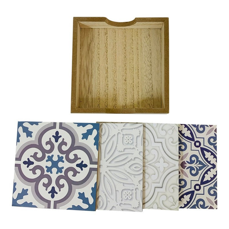 4x Coaster Wood Blue & White with Ornate Pattern - 10cm