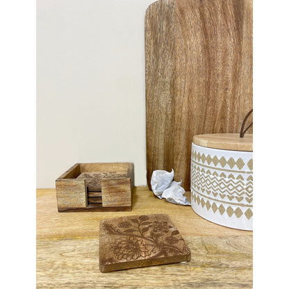 4x Sussex Flower Coaster Wood with Engraved Pattern - 10cm