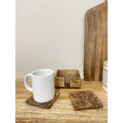 4x Sussex Flower Coaster Wood with Engraved Pattern - 10cm