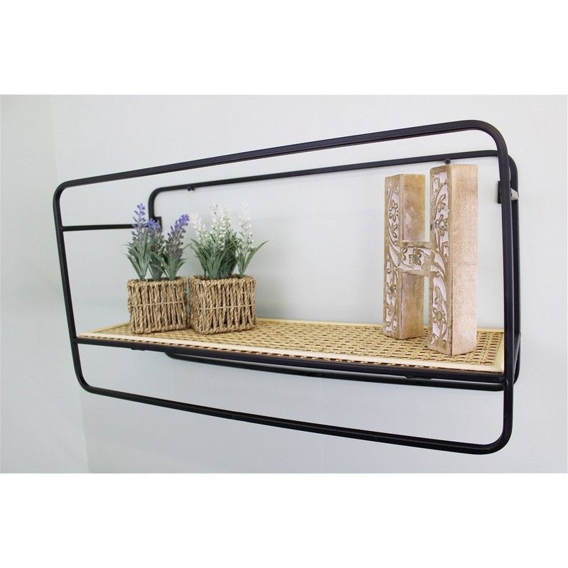 Contemporary Shelving Unit Metal & Wicker Black 1 Shelf