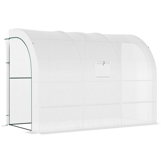 Outdoor Walk-In Greenhouse, Plant Nursery with Zippered Doors, PE Cover and 3-Tier Shelves, White, 300 x 150 x 213 cm-0