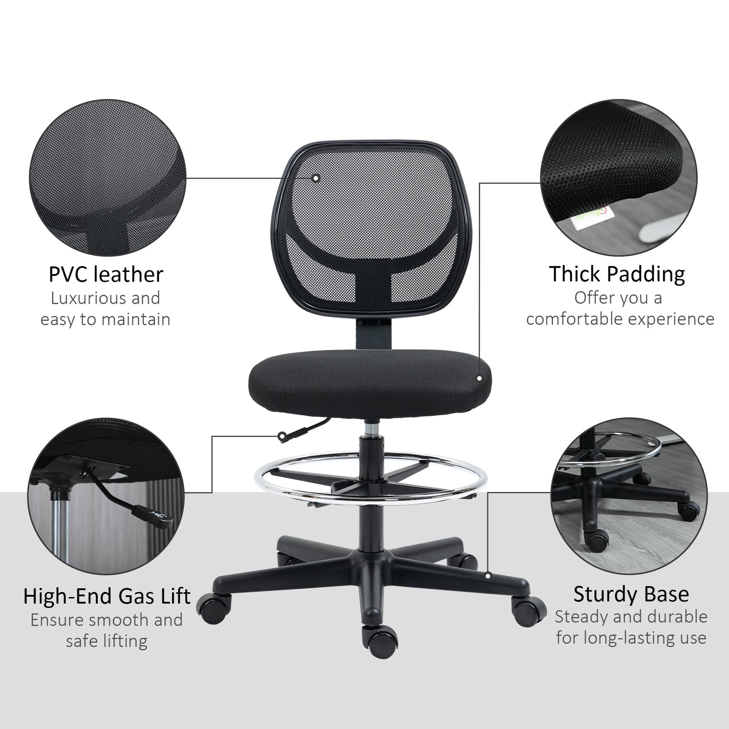 Vinsetto Ergonomic Mesh Standing Desk Chair with Adjustable Footrest Ring and Seat Height Black