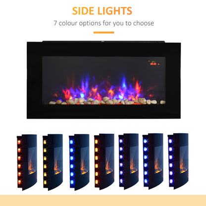 Homcom 2000W Wall Mounted Tempered Large LED Flat Glass Electric Fireplace Heater Black