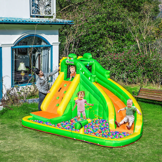 Outsunny 5 in 1 Kids Bouncy Castle Large Crocodile Style Inflatable House Slide Basket Water Pool Gun Climbing Wall with Blower Carrybag for Kids Age 3-8