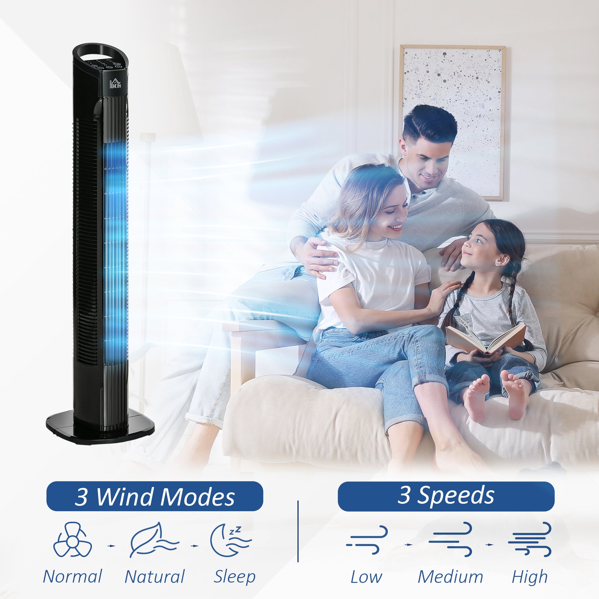 Oscillating Three Speed Tower Fan With Timer & Remote Control Black by Homcom