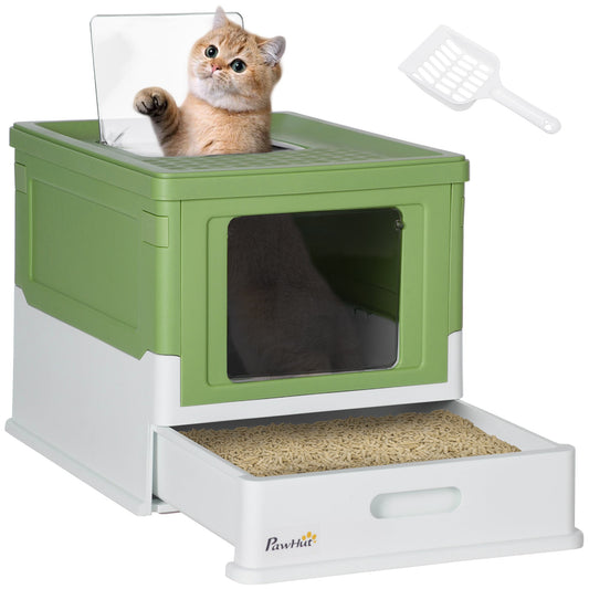 Hooded Cat Litter Box, Portable Pet Toilet, with Scoop, Front Entry - Light Green-0