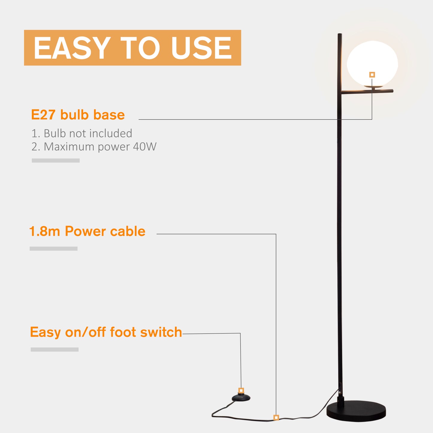 Homcom Modern Floor Lamp Metal Frame Sphere Light w/ Pedal Switch