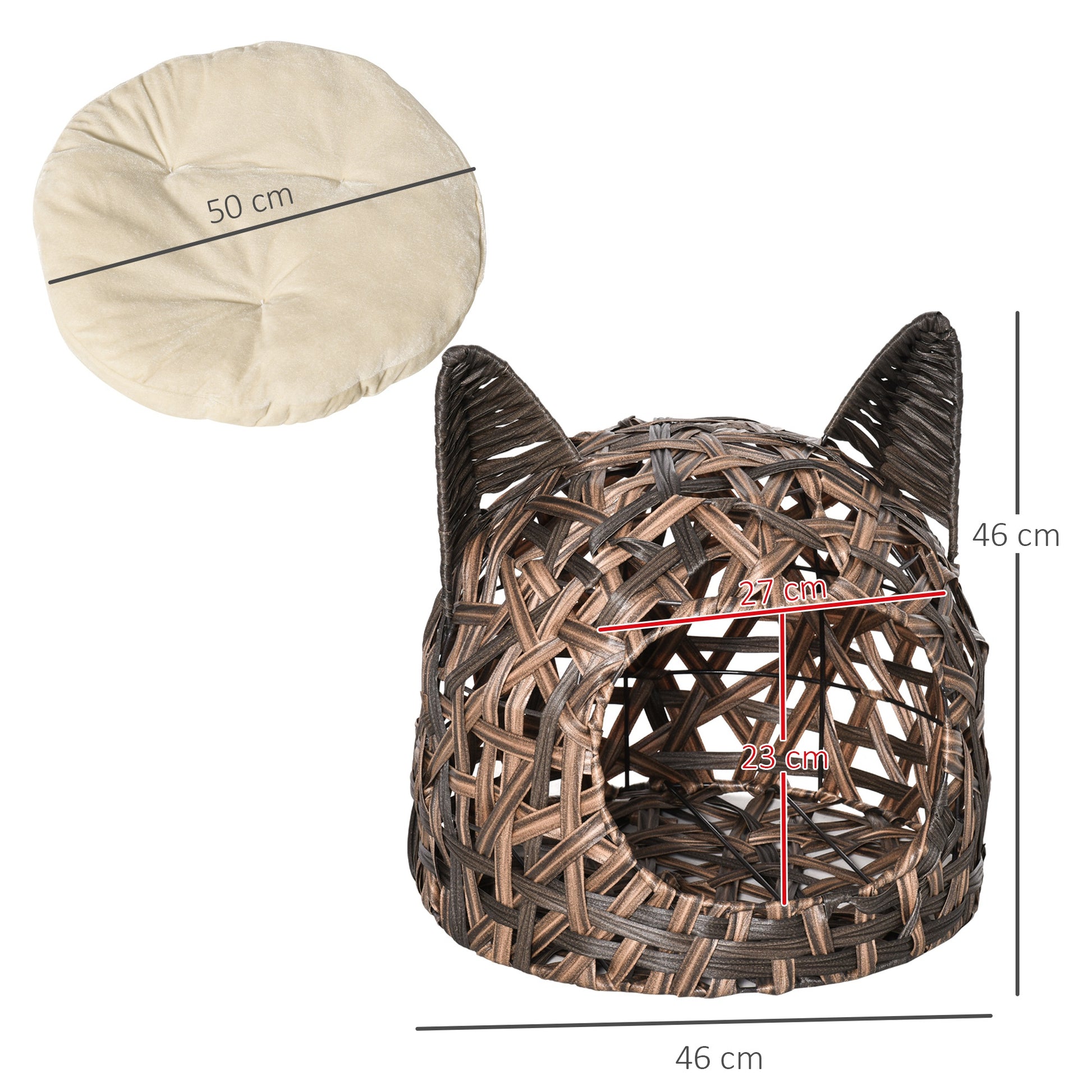 PawHut Wicker Cat Bed Rattan Kitten Basket Pet Den. House Cozy Cute-shaped Cave with Soft Cushion Brown