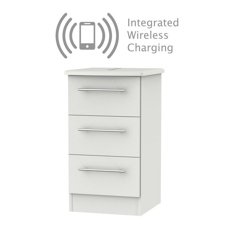 Colby Wireless Charger Slim Bedside Table Light Grey 3 Drawers