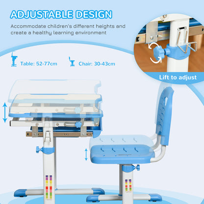 Homcom Kids Desk and Chair Set Height Adjustable Student Writing Desk Children School Study Table with Tiltable Desktop