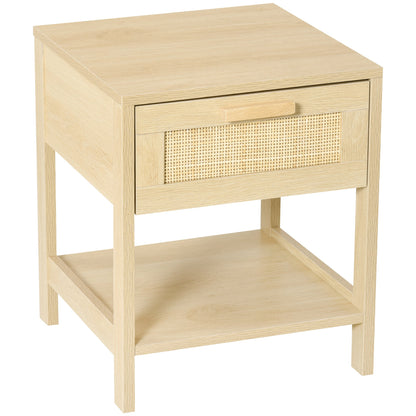 Homcom Nightstand with Rattan Drawer and Storage Shelf