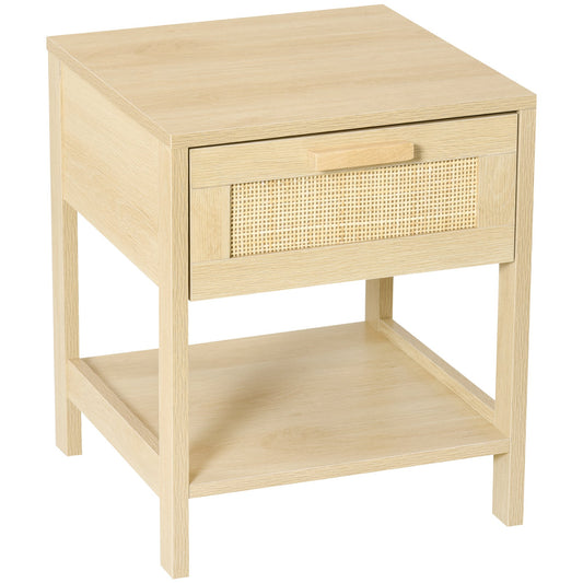 Homcom Nightstand with Rattan Drawer and Storage Shelf