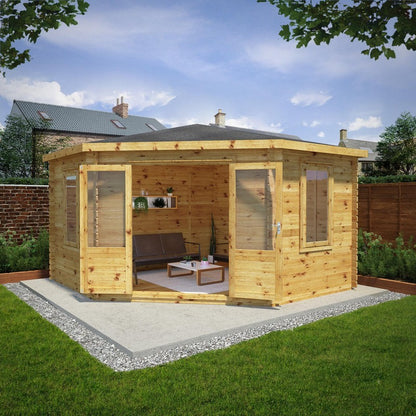 Mercia 13' 5 x 13' 7 Hip Log Cabin - Premium 28mm Cladding Log Clad