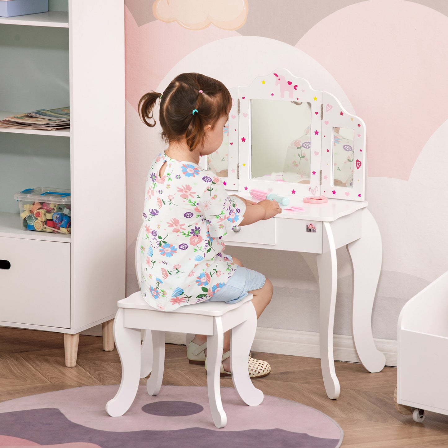 Homcom Kids Vanity Table & Stool Girls Dressing Set Make Up Desk Chair Dresser Play Set With Rotatable Mirrors Drawer Star & Heart Pattern White