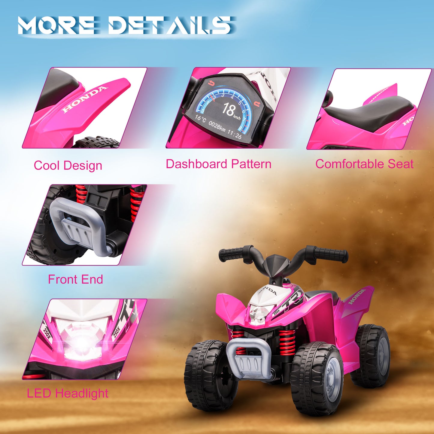 Honda Ride On Quad Bike With LED Light & Horn 1.5 To 3 Years Pink by Aiyaplay