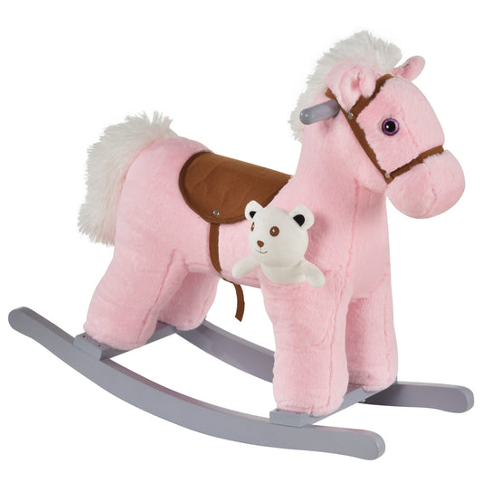 Kids Plush Ride-On Rocking Horse Toy Rocker with Plush Toy Realistic Sounds for Child 18-36 Months Pink-0