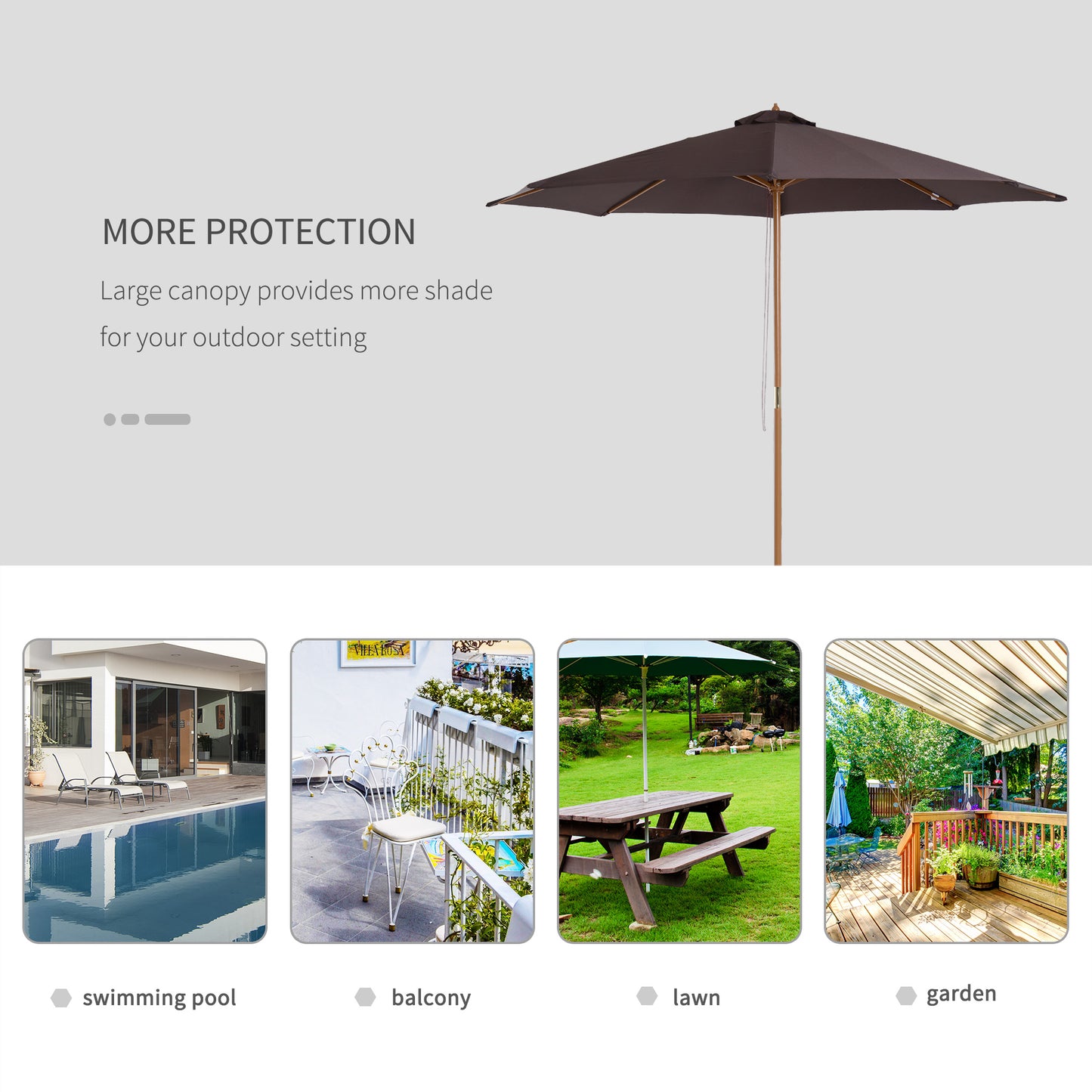 Outsunny 3(M) Fir Wooden Parasol Garden Umbrellas 8 Ribs Bamboo Sun Shade Patio Outdoor Umbrella Canopy Coffee