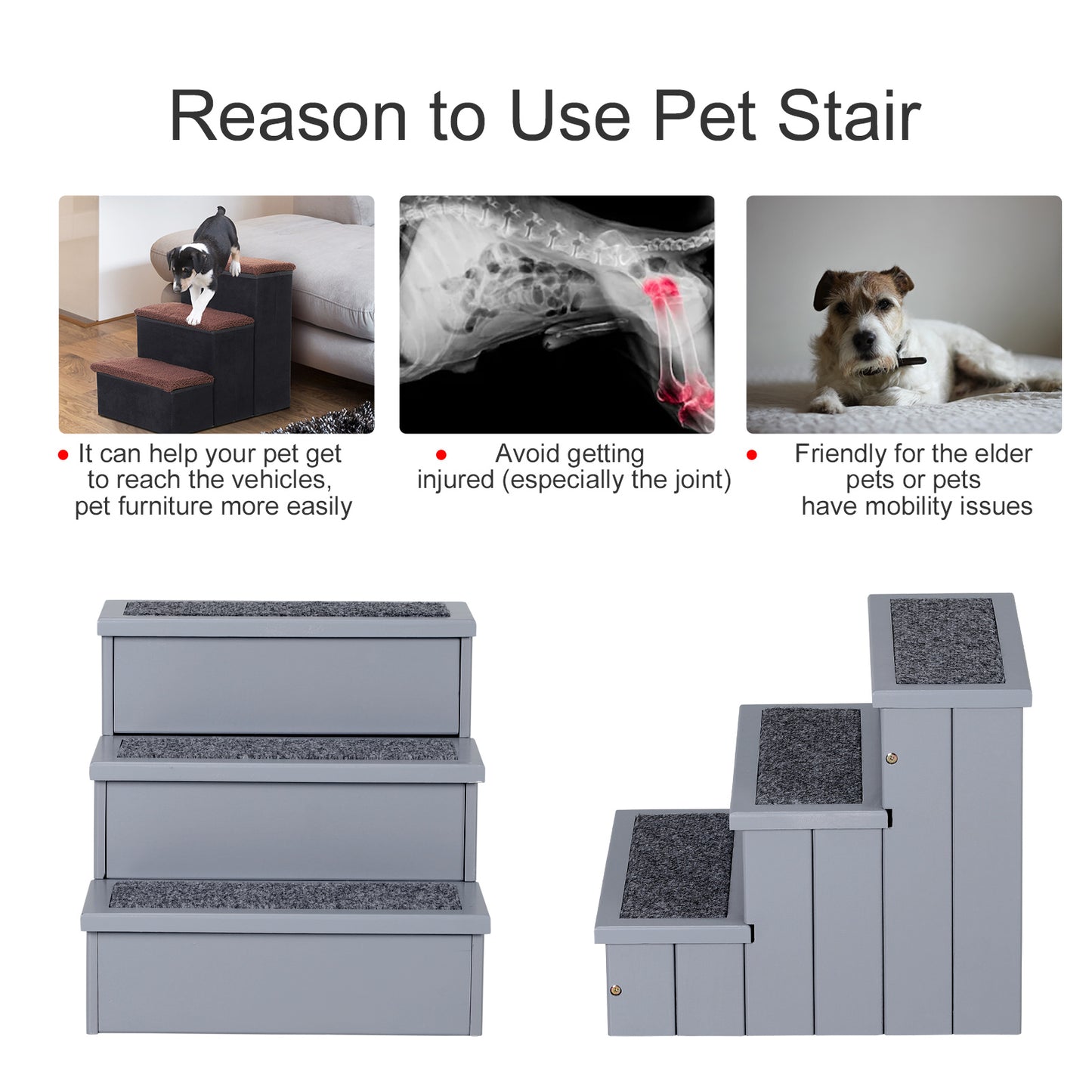 PawHut 3 Step Wooden Dog Steps Pet Stairs for Dogs