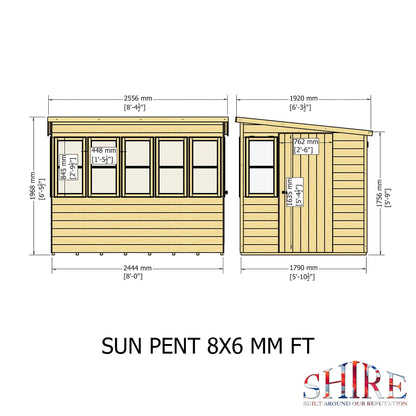 Shire Sun 8' 5" x 6' 5" Pent Potting Shed - Premium Dip Treated Shiplap