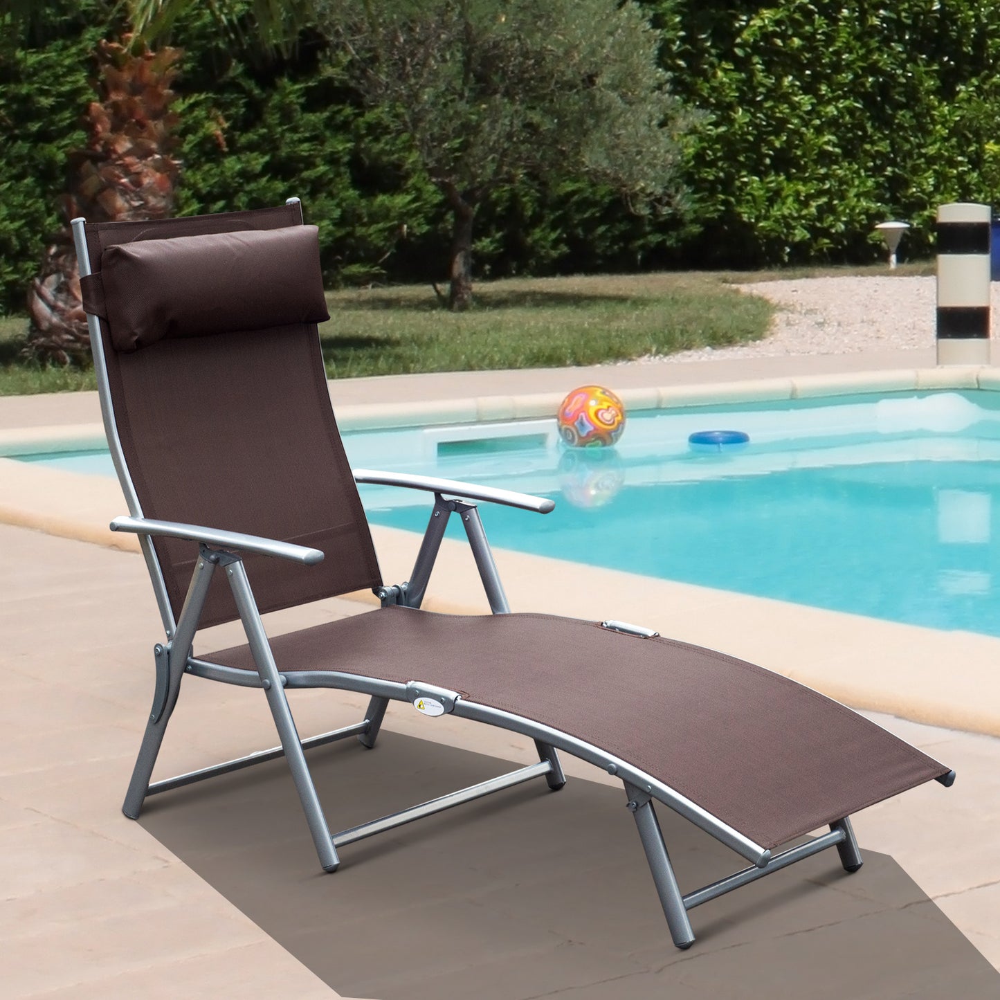 Outsunny Sun Lounger Steel Frame Outdoor Folding Chaise Texteline Lounge Chair Recliner with Headrest & 7 Levels Adjustable Backrest