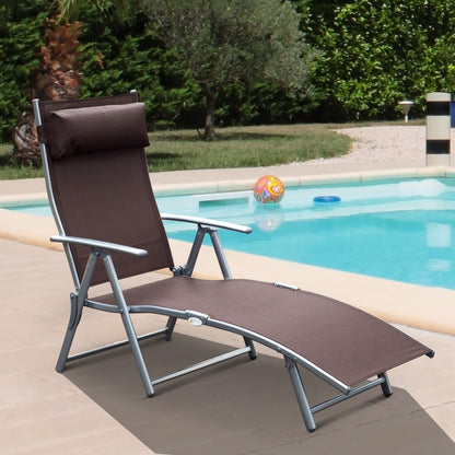 Outsunny Sun Lounger Steel Frame Outdoor Folding Chaise Texteline Lounge Chair Recliner with Headrest & 7 Levels Adjustable Backrest